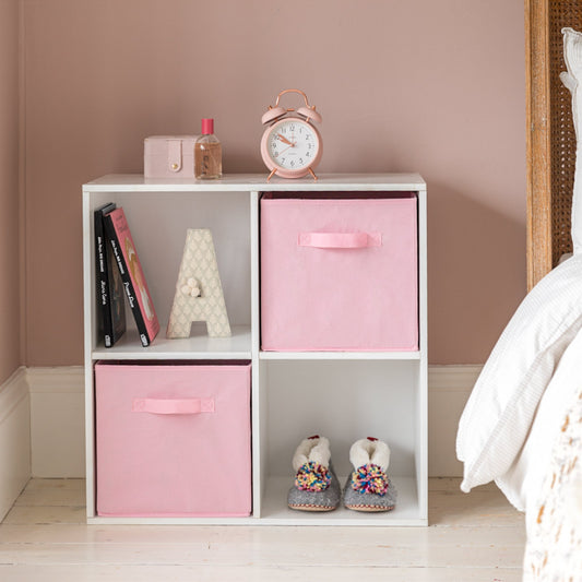 4 Cube White Bookcase Wooden Display Unit Shelving Storage Bookshelf Shelves (Pink Basket)