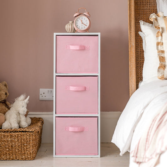 3 Tier White Bookcase Wooden Display Shelving Unit with storage box (Pink)