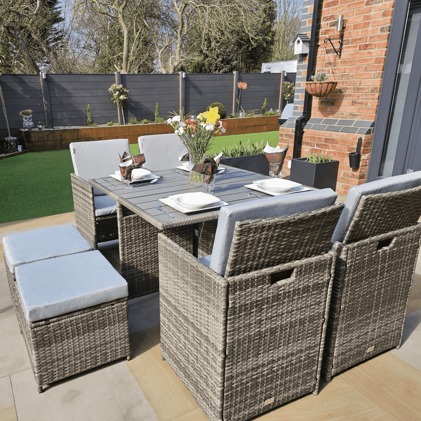 8 Seater Rattan Cube Outdoor Dining Set - Grey Weave Polywood Top - Laura James 