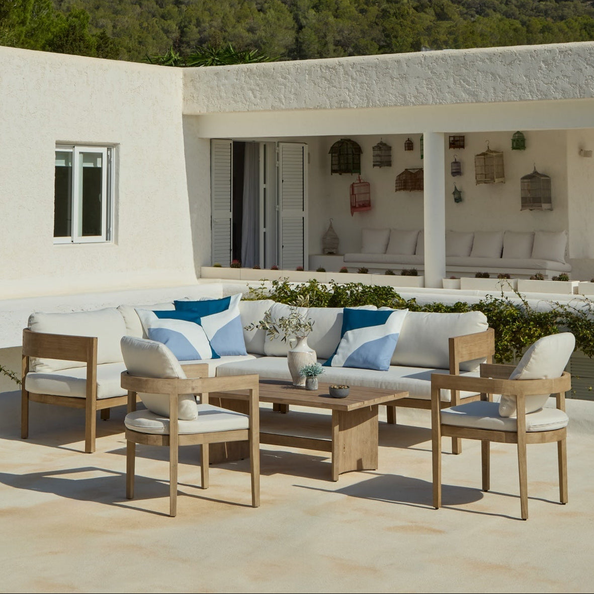 Imani 7 Seater Wooden Garden Corner Sofa Set with Coffee Table & 2 Imani Dining Chairs - Laura James