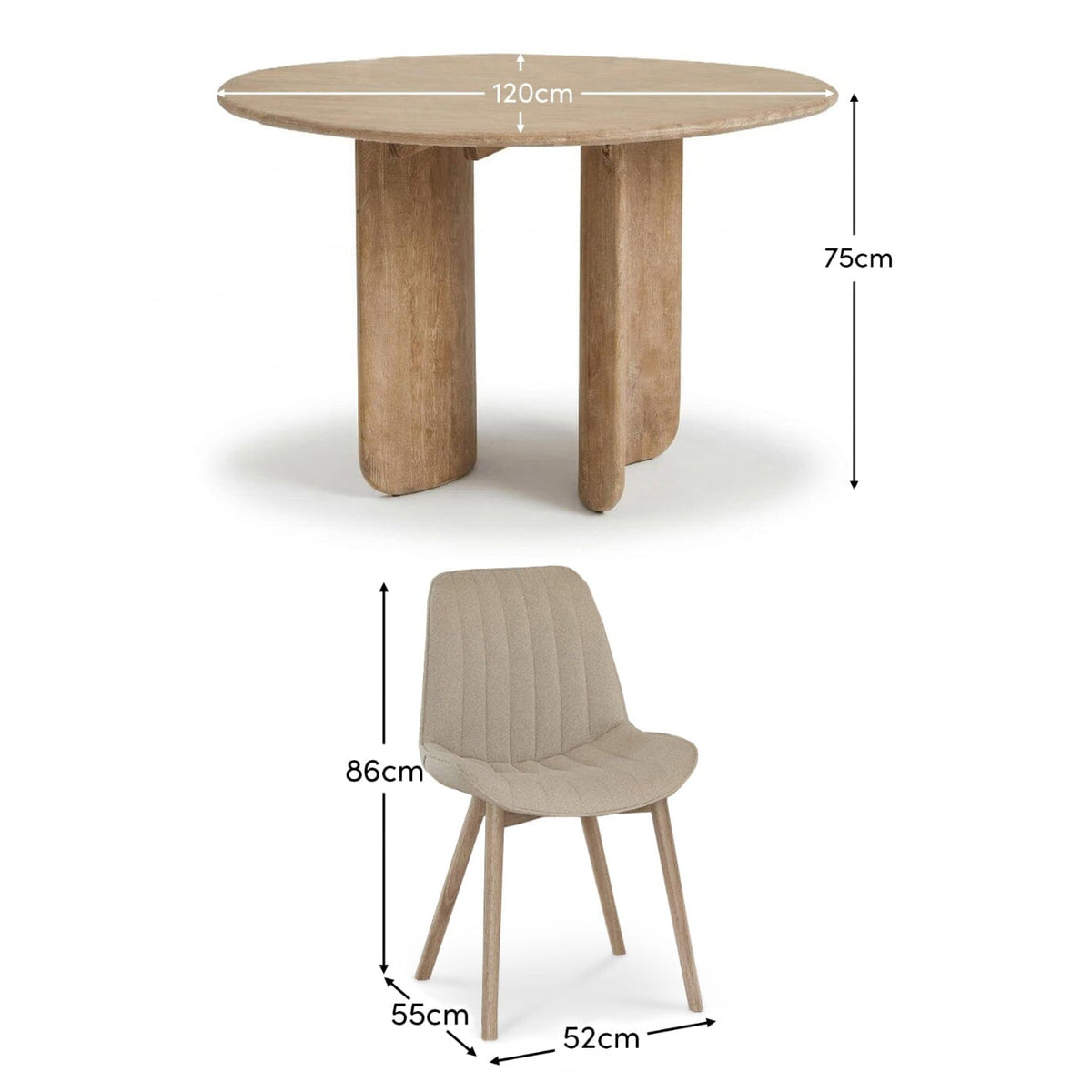 Imogen 120cm Chalked Mango Wood Round Dining Table Set  - 4 Seater - Bella Boucle Dining Chairs - Chalked Mango Wood Legs - Laura James 