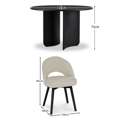 Imogen 120cm Jet Black Mango Wood Round Dining Table Set  - 4 Seater - Marilyn Boucle Dining Chairs - Black Oak Legs