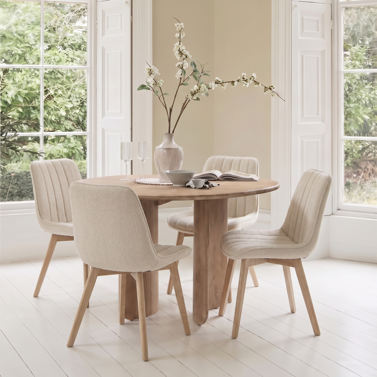 Imogen 120cm Chalked Mango Wood Round Dining Table Set  - 4 Seater - Bella Boucle Dining Chairs - Chalked Mango Wood Legs - Laura James 