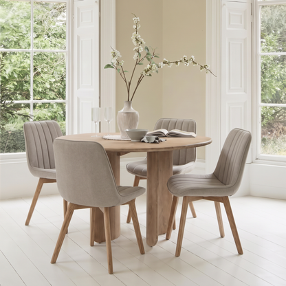 Imogen 120cm Chalked Mango Wood Round Dining Table Set  - 4 Seater - Bella Soft Beige Dining Chairs - Chalked Mango Wood Legs - Laura James 