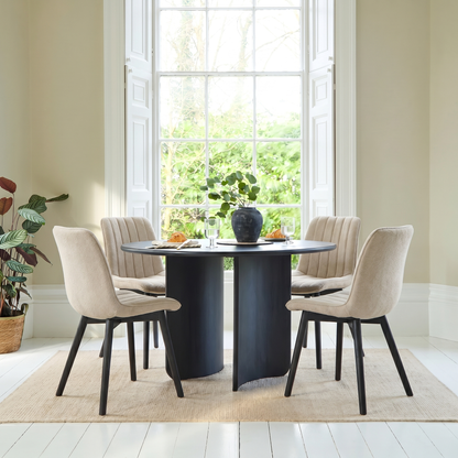 Imogen 120cm Chalked Mango Wood Round Dining Table Set - 4 Seater - Bella Boucle Dining Chairs - Black Oak Legs - Laura James