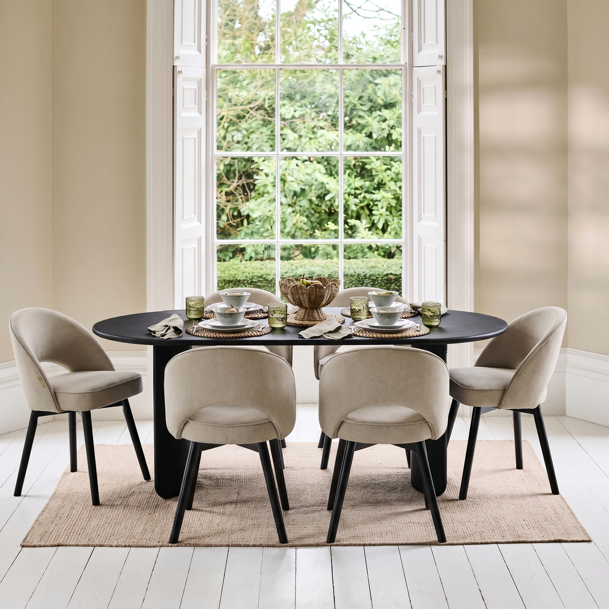 Imogen 190cm Black Mango Wood Dining Table Set  - 6 Seater - Marilyn Soft Beige Dining Chairs - Black Oak Legs