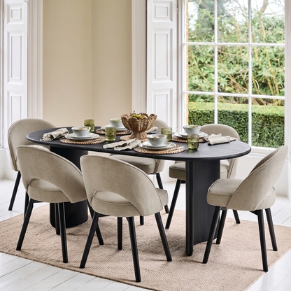 Imogen 190cm Black Mango Wood Dining Table Set  - 6 Seater - Marilyn Soft Beige Dining Chairs - Black Oak Legs