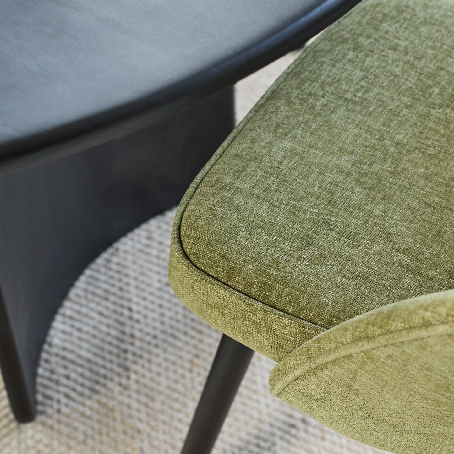 Imogen 120cm Chalked Mango Wood Round Dining Table Set  - 4 Seater - Marilyn Moss Green Dining Chairs - Black Legs - Laura James