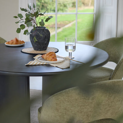 Imogen 120cm Chalked Mango Wood Round Dining Table Set  - 4 Seater - Marilyn Moss Green Dining Chairs - Black Legs - Laura James