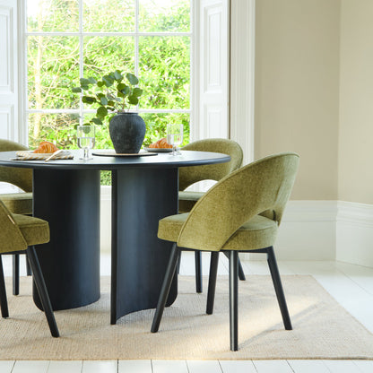 Imogen 120cm Chalked Mango Wood Round Dining Table Set  - 4 Seater - Marilyn Moss Green Dining Chairs - Black Legs - Laura James