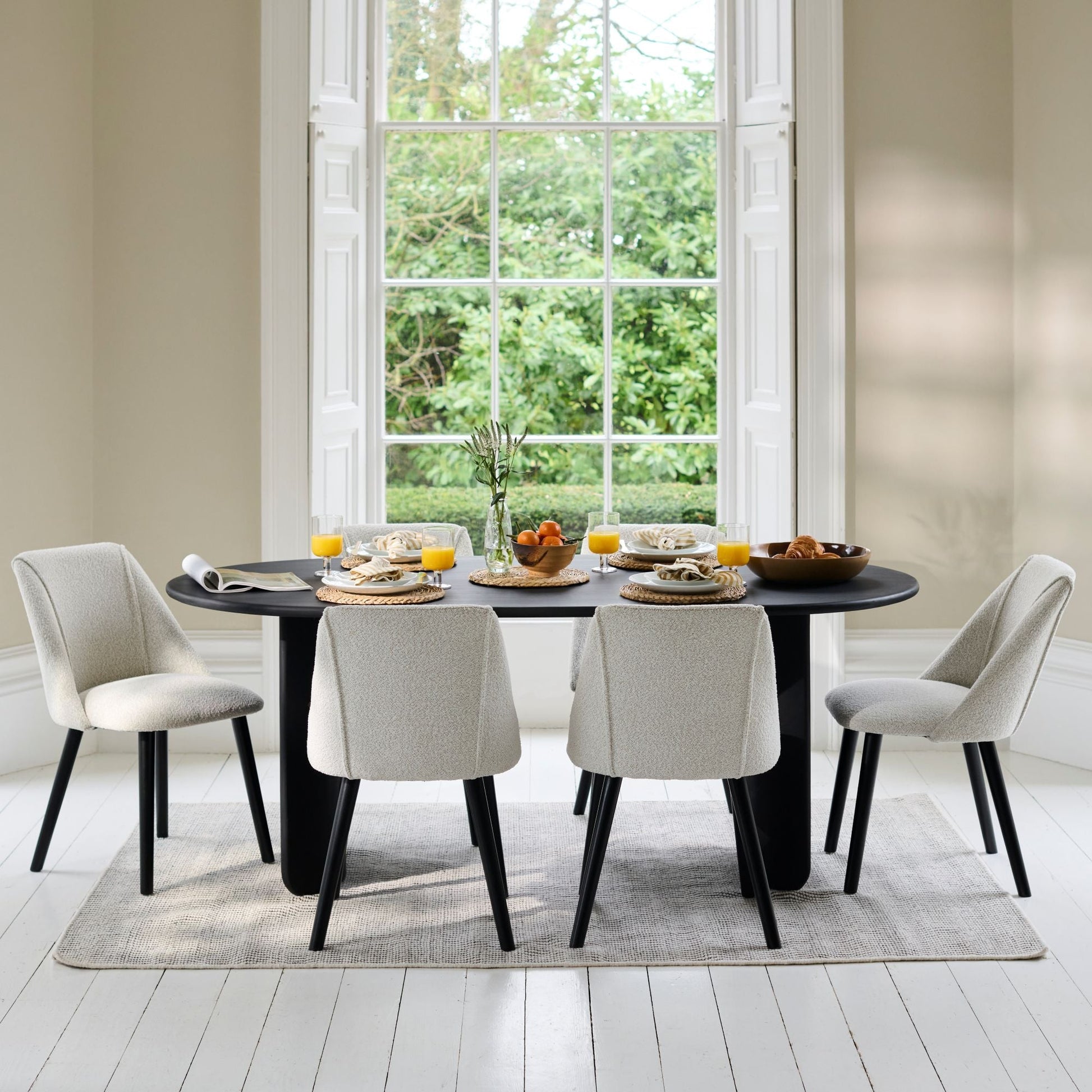Imogen 190cm Jet Black Mangowood  Wooden Rectangular Dining Table Set - 6 Seater - Freya Oat Boucle Dining Chairs - Black Legs - Laura James