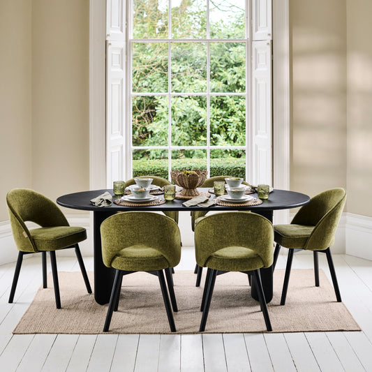 Imogen 190cm Black Mango Wood Dining Table Set  - 6 Seater - Marilyn Moss Green Dining Chairs - Chalked Mango Wood Legs - Laura James