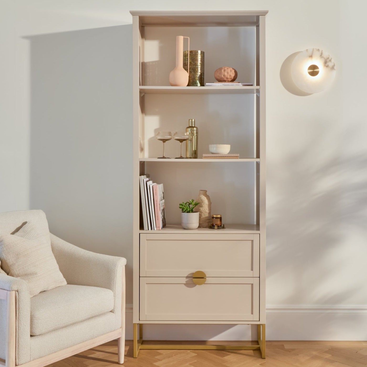 Ines Open Bookcase - Taupe & Gold - Laura James