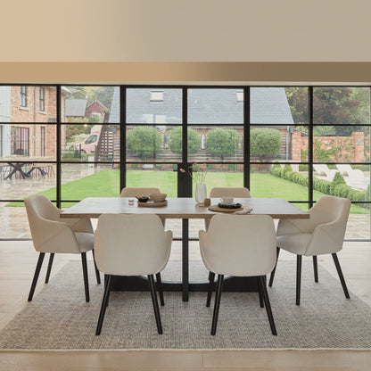 Jade Mango Wood  Rectangular Acacia Dining Table Set - 6 Seater - Freya Boucle Armchairs with Black Legs - Laura James 
