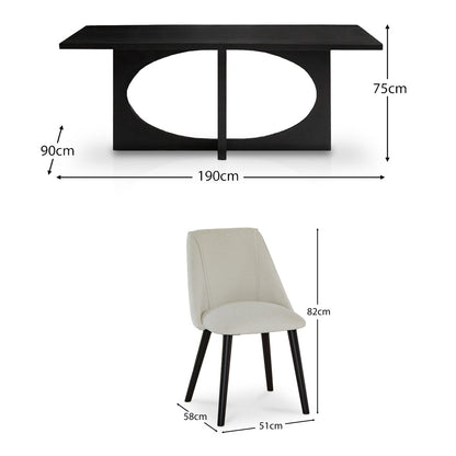 Jade 6 Seater Rectangular Jet Black Acacia Wood Dining Table with Freya Boucle Dining Chairs - Laura James 