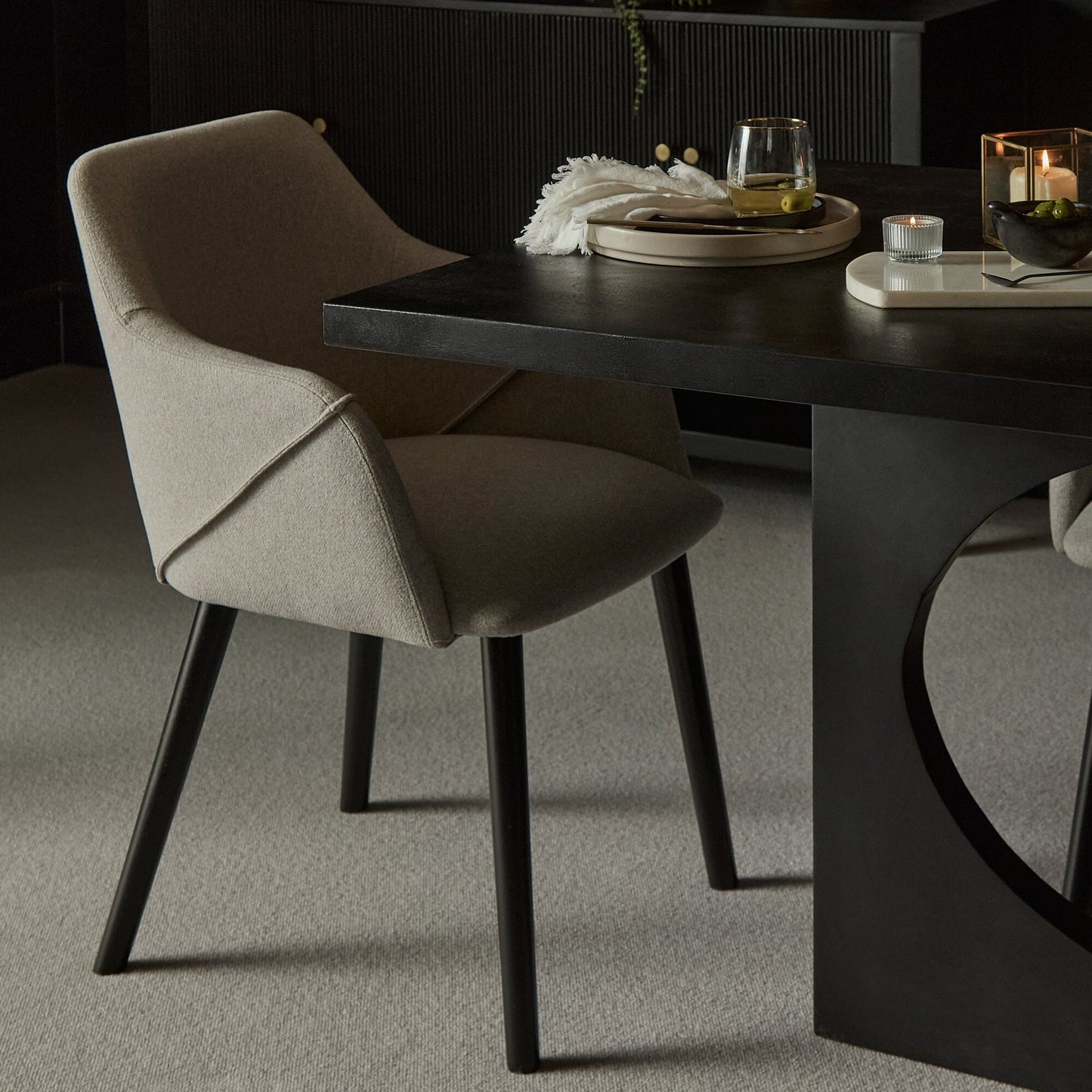 Jade Jet Black Rectangular Acacia Dining Table Set - 6 Seater - Freya Fossil Chairs with Black Legs - Laura James 