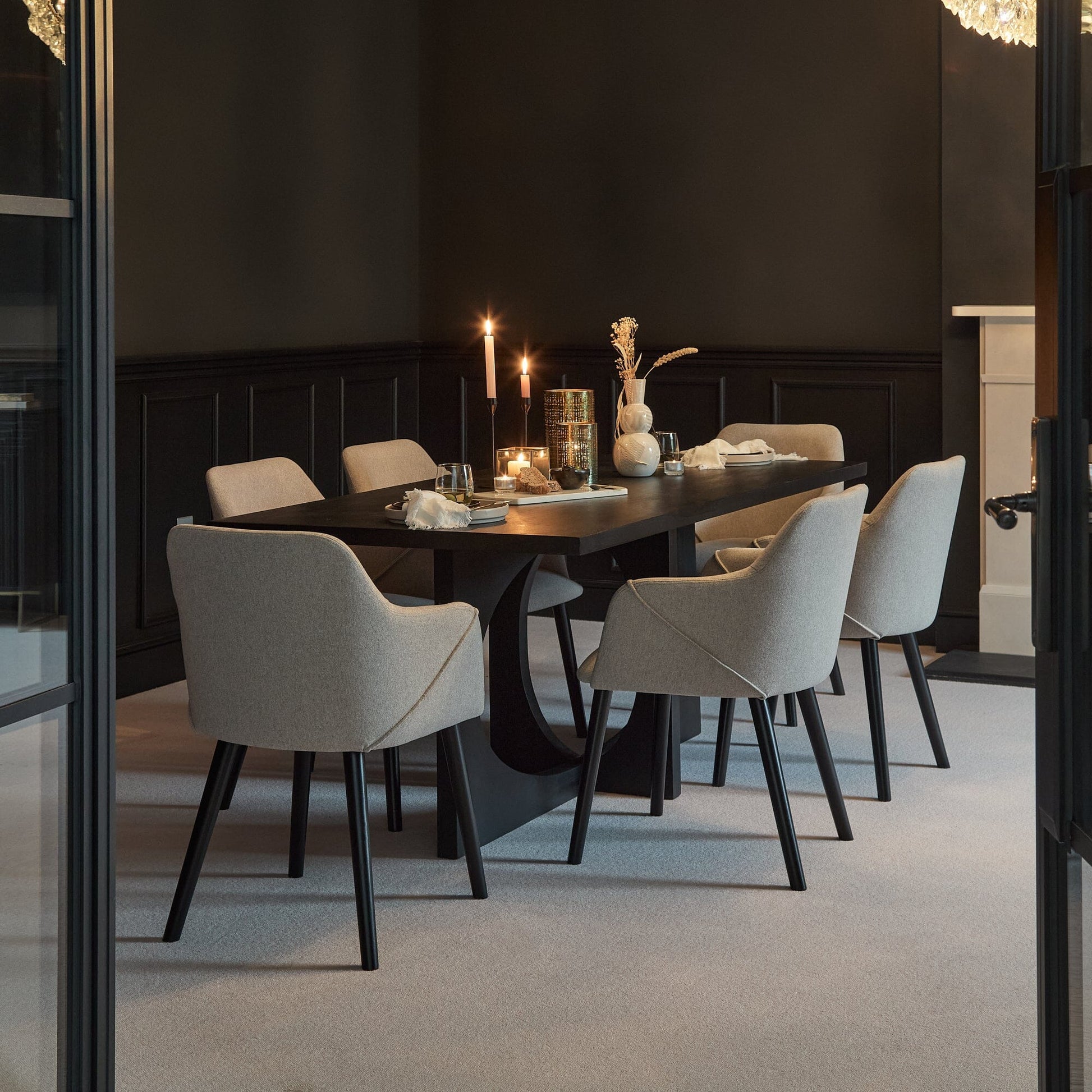 Jade Jet Black Rectangular Acacia Dining Table Set - 6 Seater - Freya Fossil Chairs with Black Legs - Laura James 