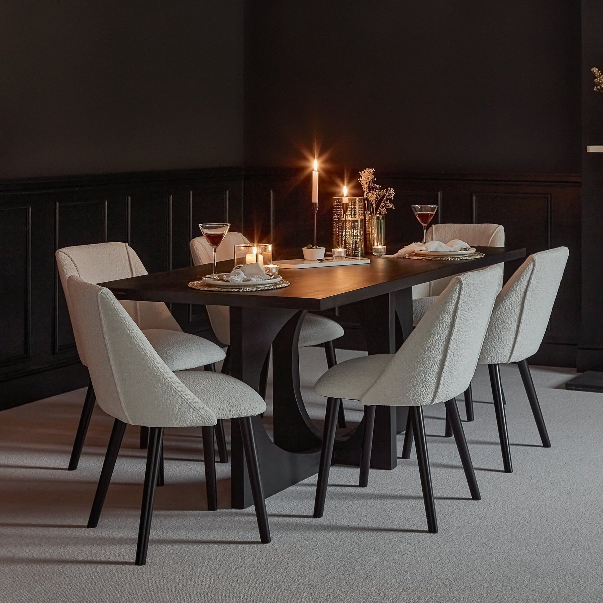 Jade Jet Black Rectangular Acacia Dining Table Set - 6 Seater - Freya Boucle Dining Chairs with Black Legs - Laura James 