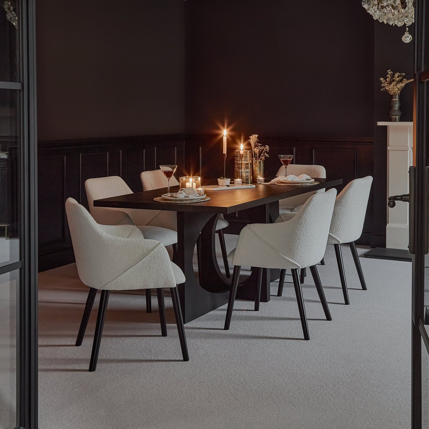 Jade Jet Black Rectangular Acacia Dining Table Set - 6 Seater - Freya Boucle Armchairs with Black Legs