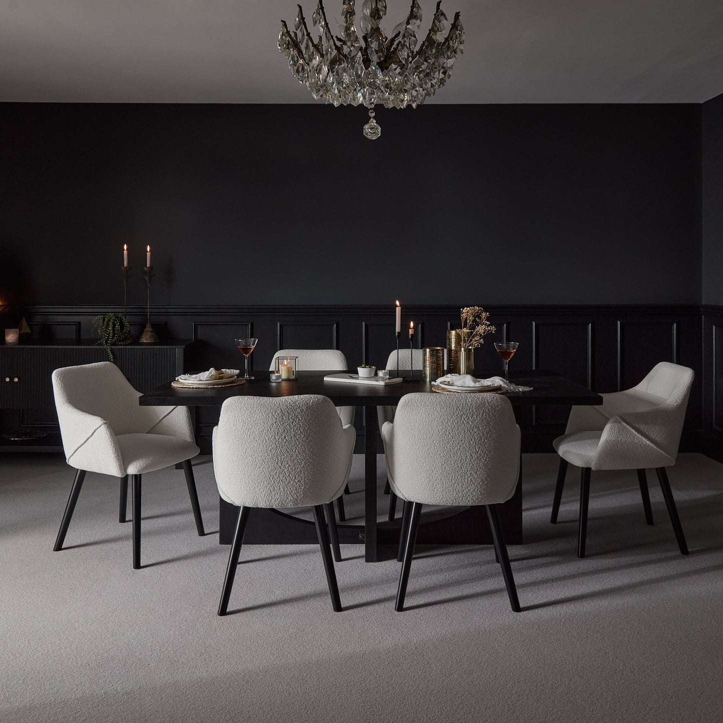 Jade Jet Black Rectangular Acacia Dining Table Set - 6 Seater - Freya Boucle Armchairs with Black Legs
