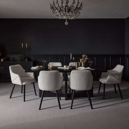 Jade Jet Black Rectangular Acacia Dining Table Set - 6 Seater - Freya Boucle Armchairs with Black Legs