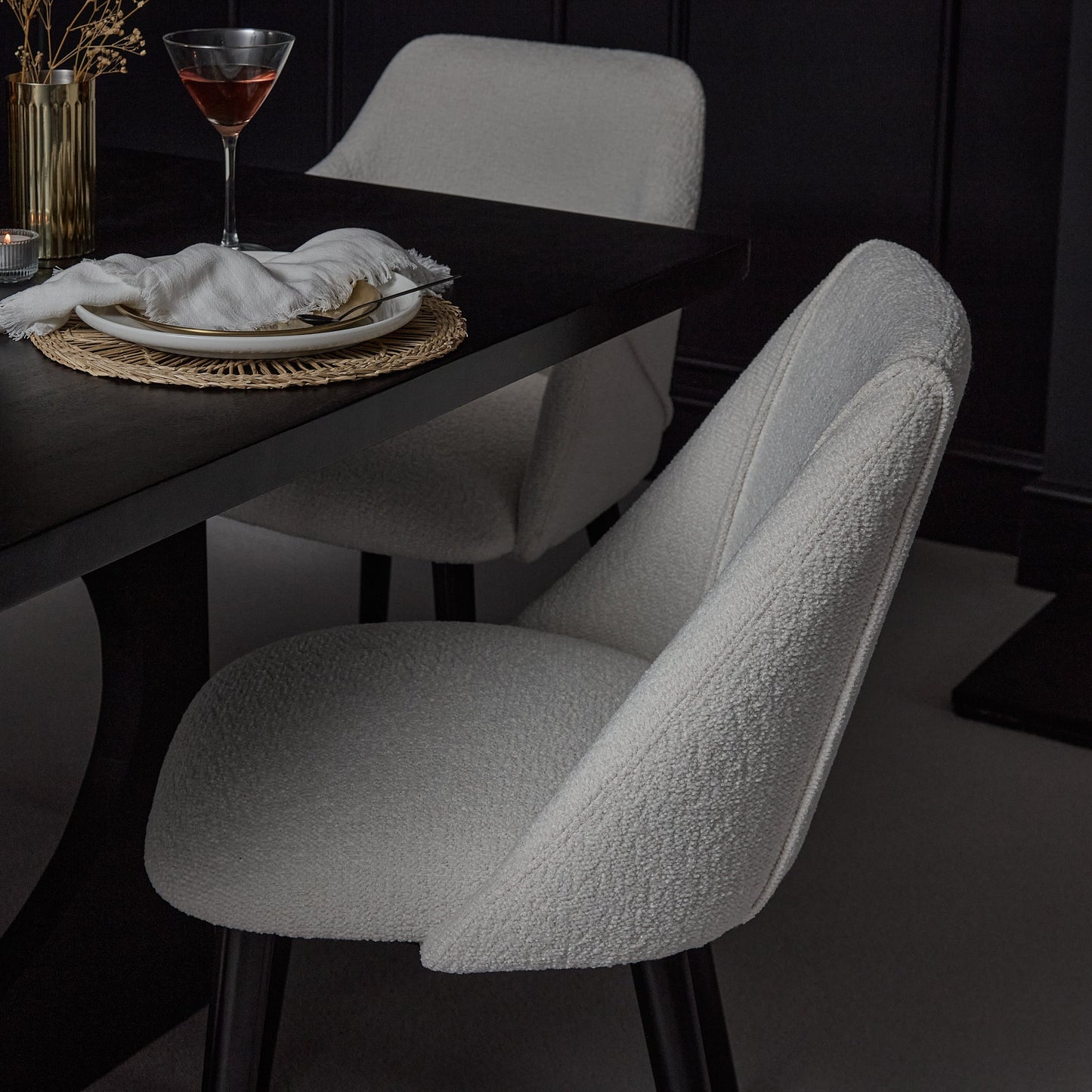 Jade Jet Black Rectangular Acacia Dining Table Set - 6 Seater - Freya Boucle Dining Chairs with Black Legs