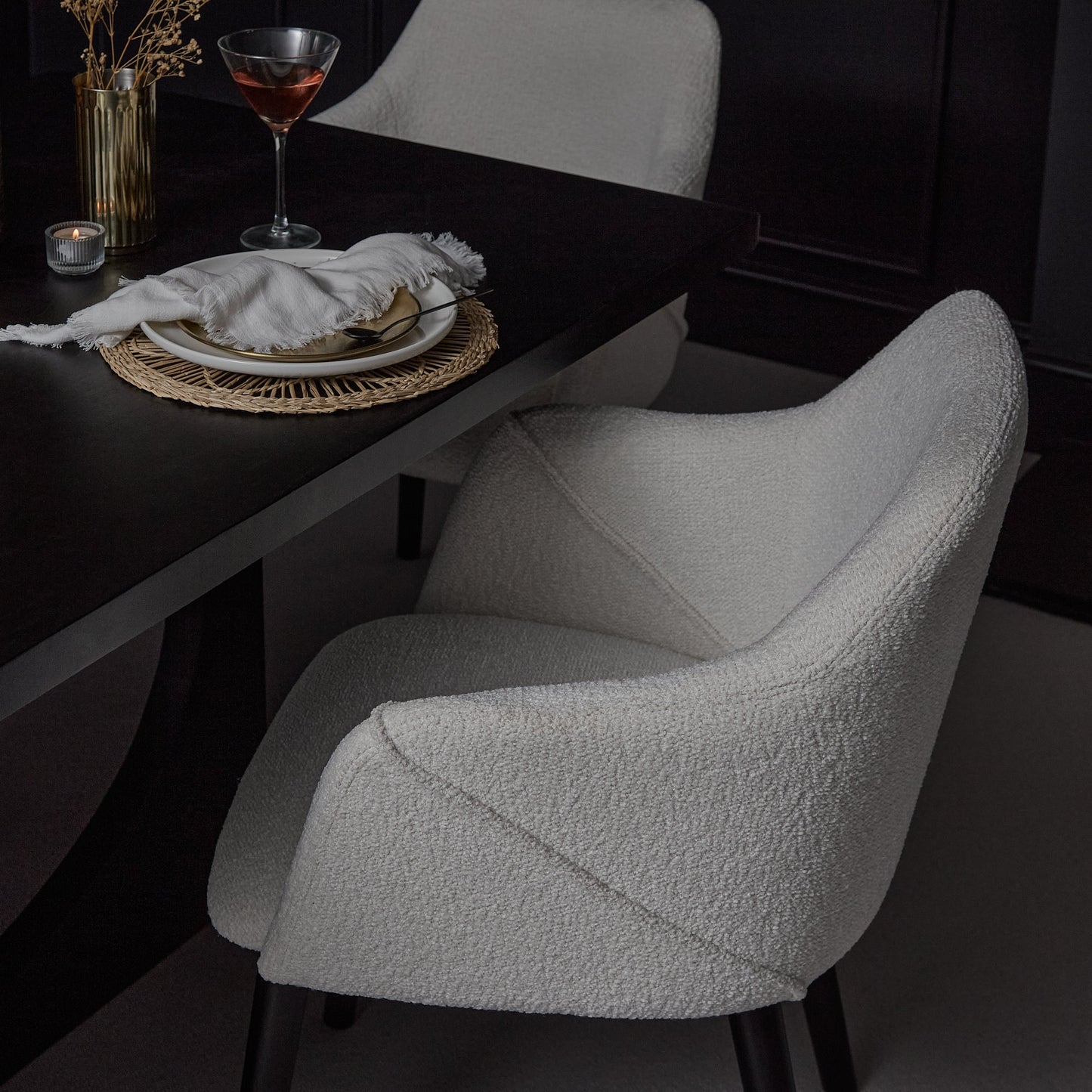 Jade Jet Black Rectangular Acacia Dining Table Set - 6 Seater - Freya Boucle Armchairs with Black Legs