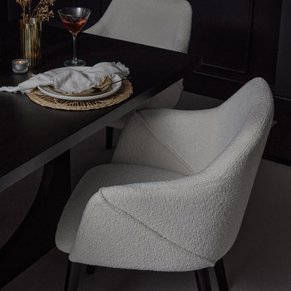 Jade Jet Black Rectangular Acacia Dining Table Set - 6 Seater - Freya Boucle Armchairs with Black Legs