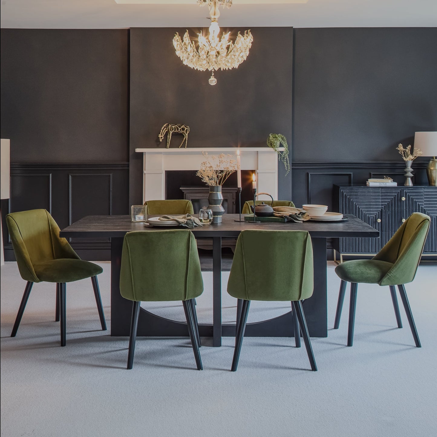 Jade Jet Black Rectangular Acacia Dining Table Set - 6 Seater - Freya Fern Green Dining Chairs with Black Legs