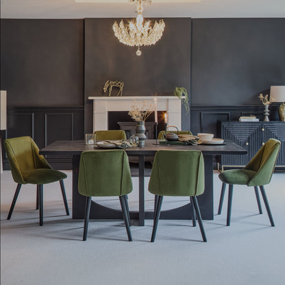 Jade Jet Black Rectangular Acacia Dining Table Set - 6 Seater - Freya Fern Green Dining Chairs with Black Legs