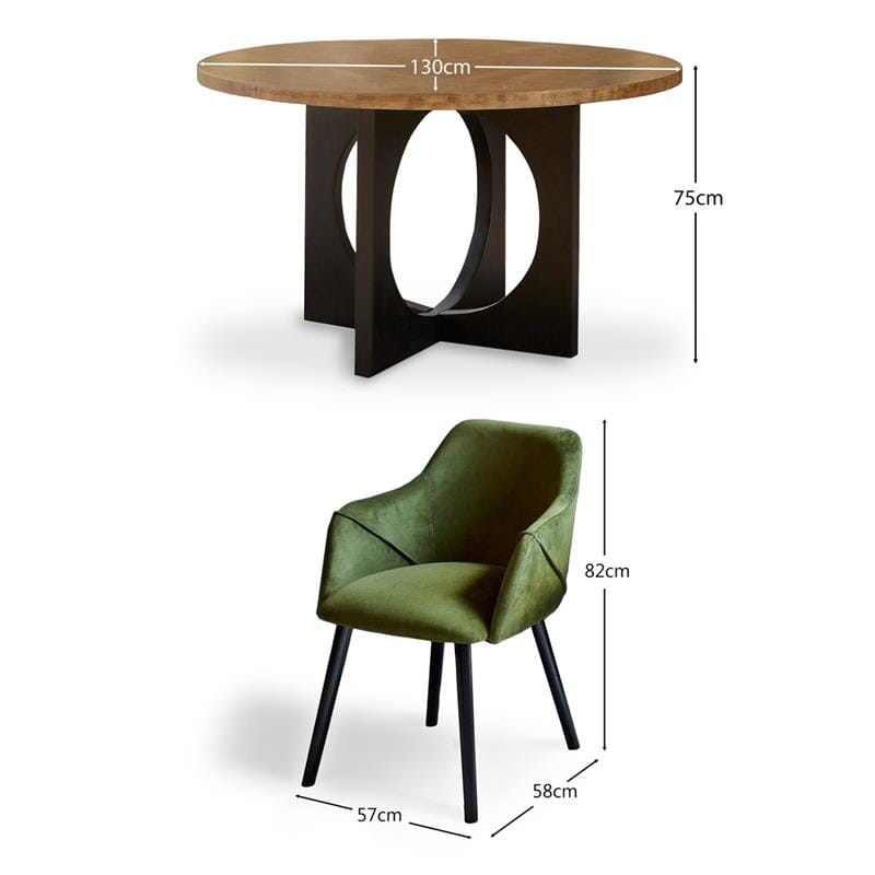 Jade Round Mango Wood 4 Seater Dining Set with Freya Fern Green Armchairs - Laura James