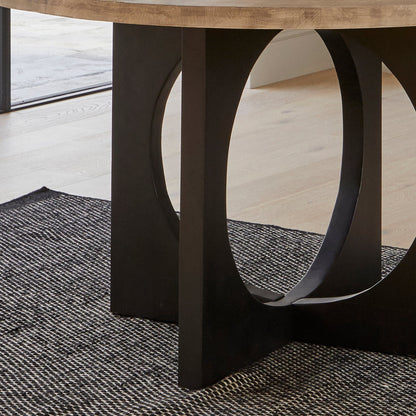 Jade Mango Wood Round Dining Table Set - 4 Seater - Freya Boucle Armchairs with Black Legs