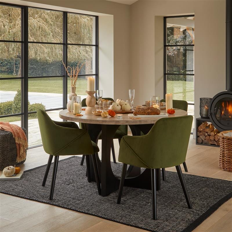 Jade Round Mango Wood 4 Seater Dining Set with Freya Fern Green Armchairs - Laura James