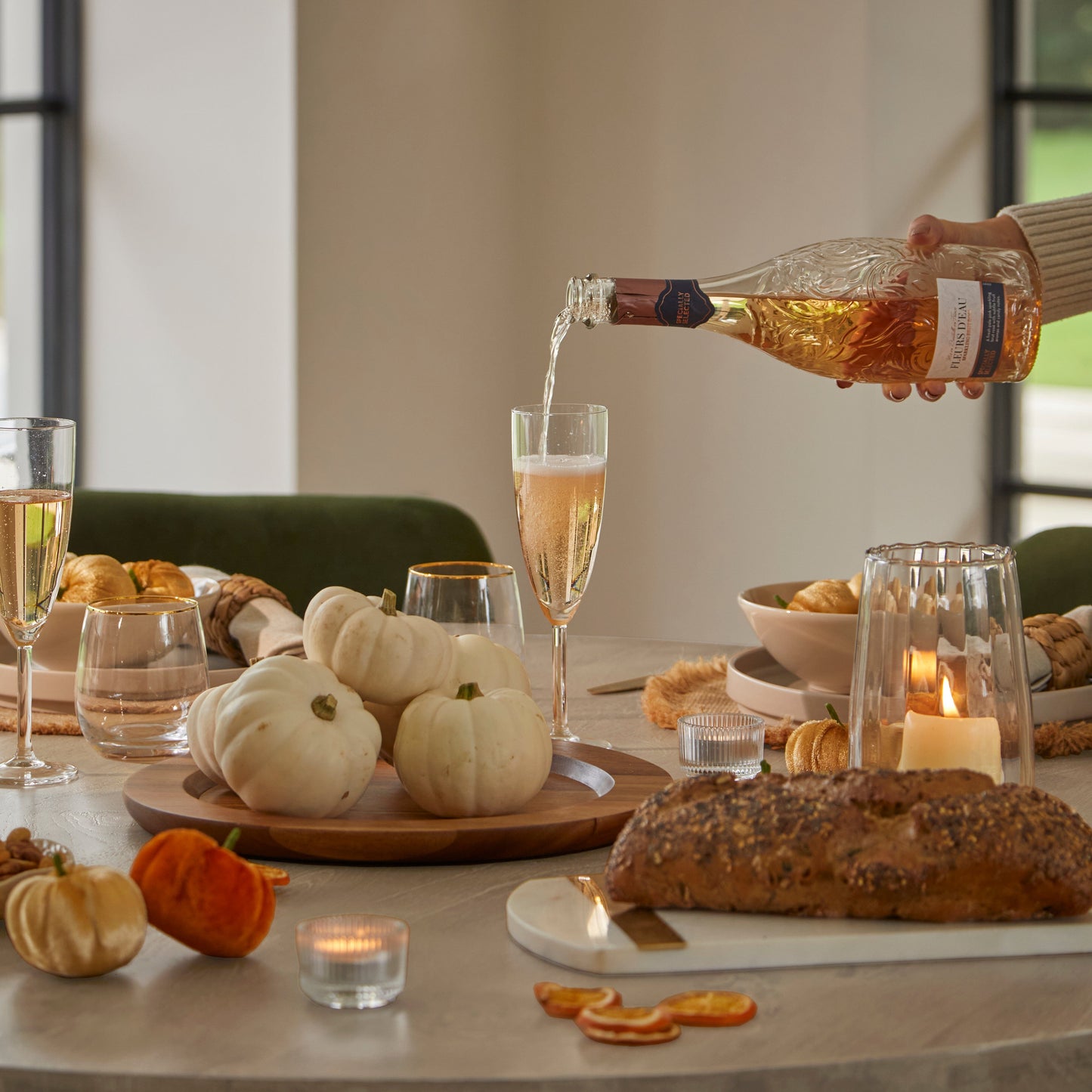 Jade Round Mango Wood 4 Seater Dining Set with Freya Fern Green Armchairs - Laura James