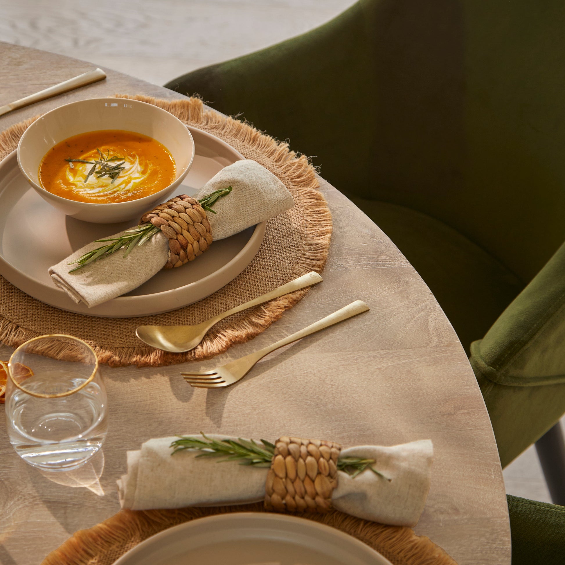 Jade Round Mango Wood 4 Seater Dining Set with Freya Fern Green Armchairs - Laura James