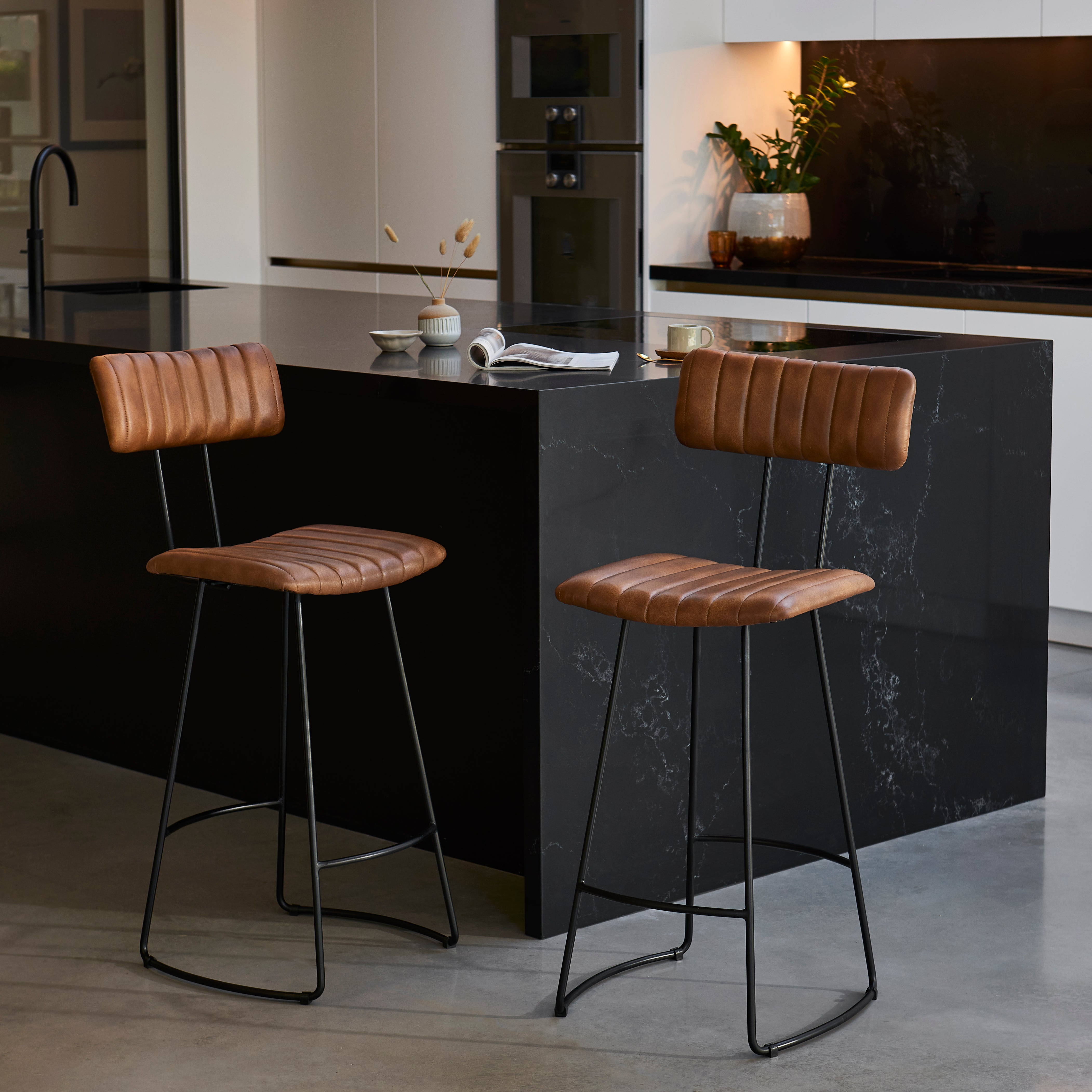 Jayden Tan Leather Tall Bar Stools Set of Black Metal Legs
