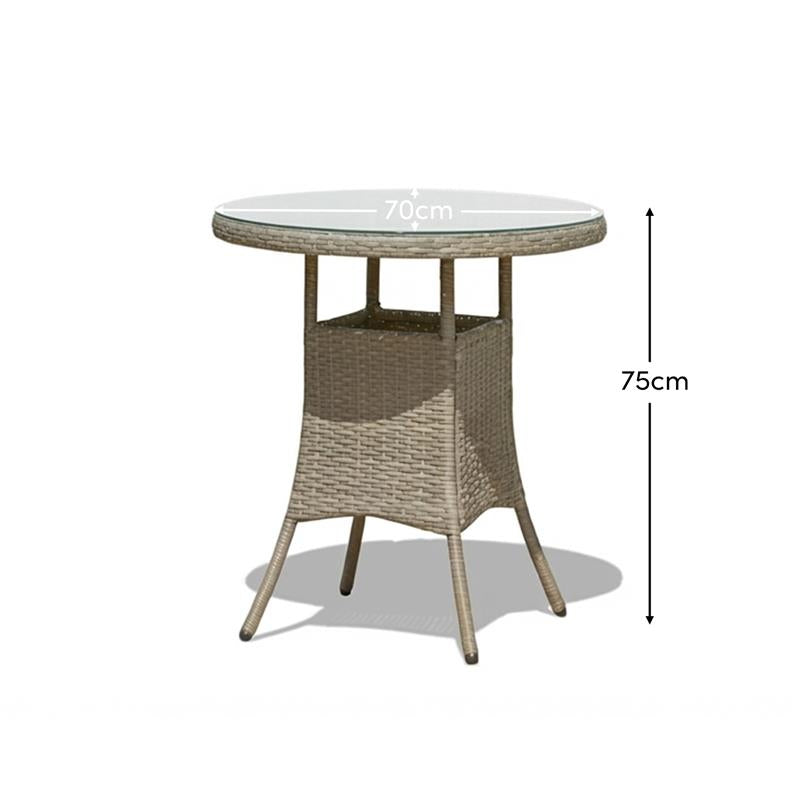 Kemble 2 Seater Round Rattan Garden Bistro Table - Light Grey with Clear Glass Top - Laura James
