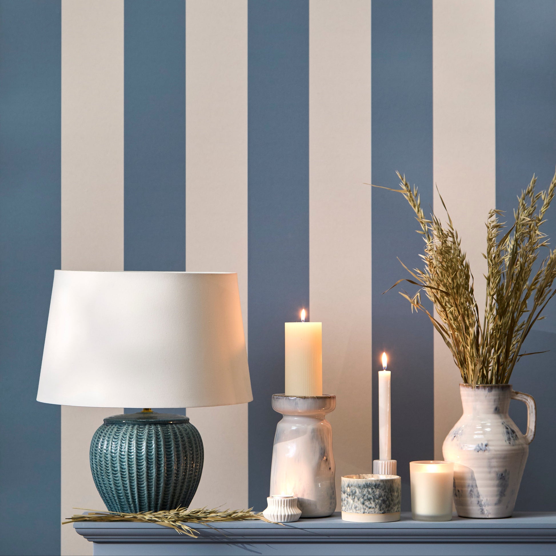 Elmer 27cm Ceramic Lamp Base - Teal Blue & Coningsby 35cm Cotton Lamp Shade - Snow White - Laura James