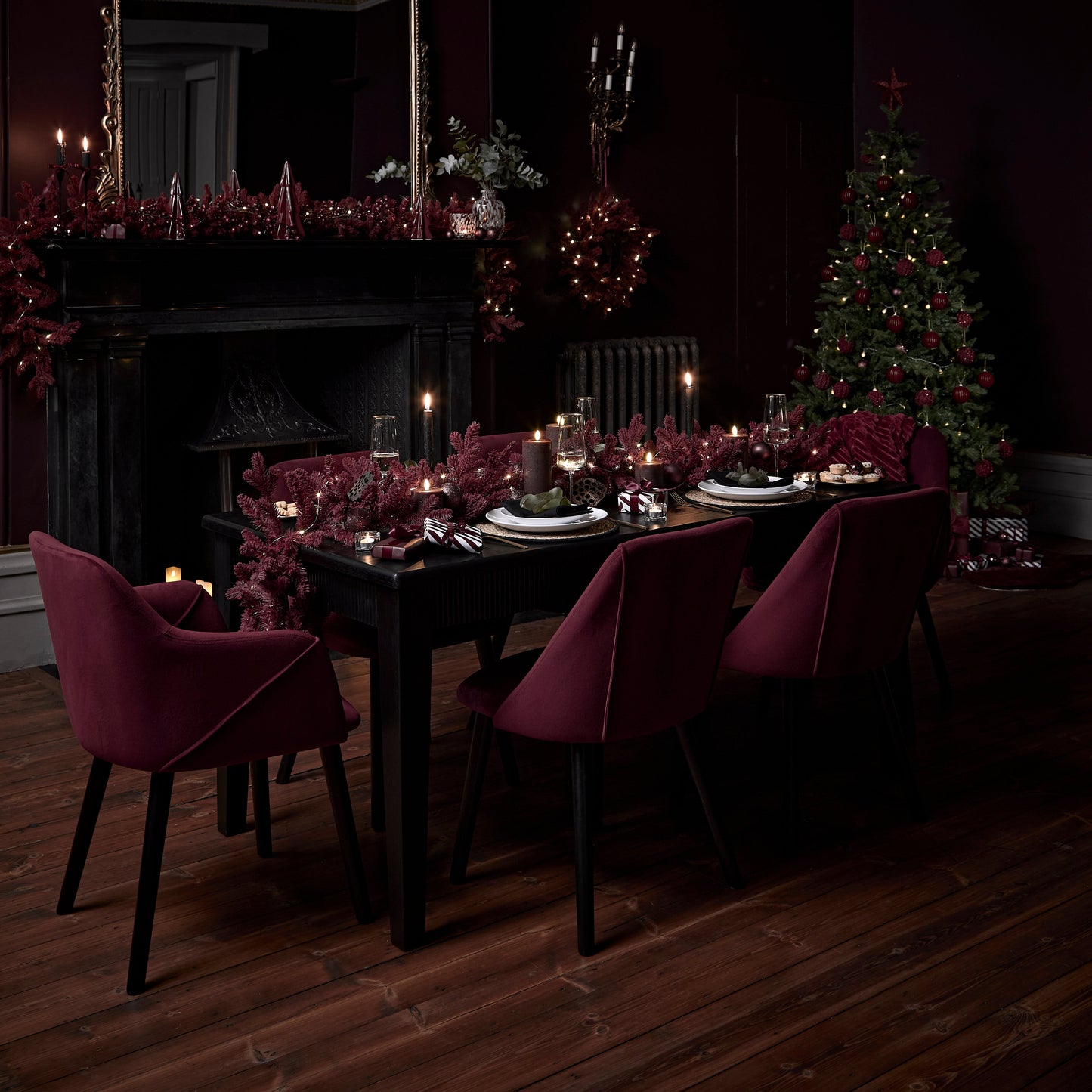 Raleigh 160cm Black Oak Dining Table Set - 4 Freya Burgundy Red Dining Chairs - Black Oak Legs with 2 Freya Burgundy Red Armchairs - Black Oak Legs -  Laura James