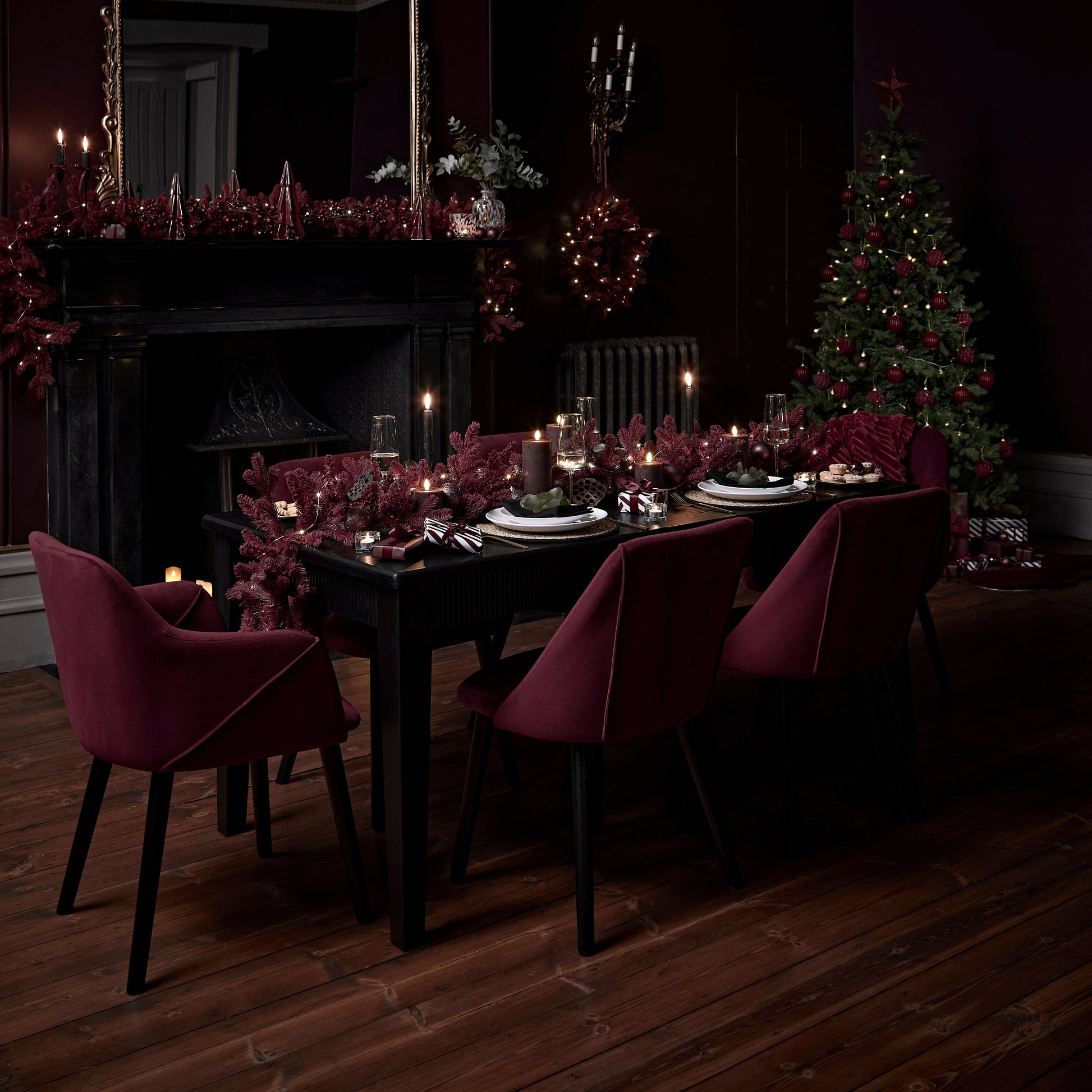 Raleigh 160cm Black Oak Dining Table Set - 4 Freya Burgundy Red Dining Chairs - Black Oak Legs with 2 Freya Burgundy Red Armchairs - Black Oak Legs -  Laura James