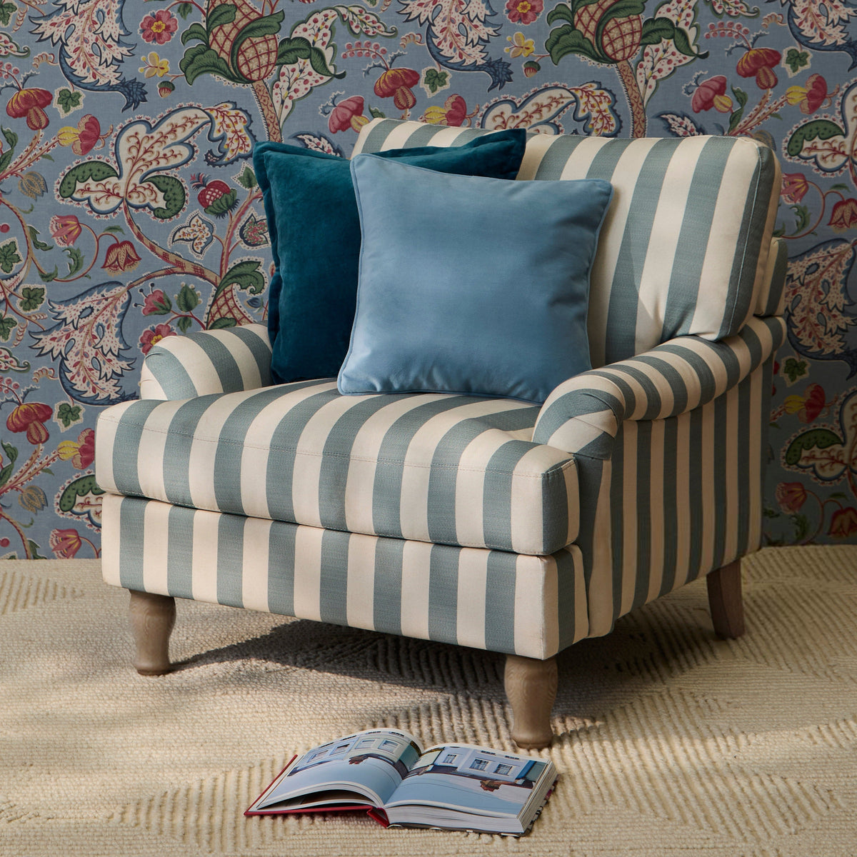 Brea Armchair -  Blue Stripe with Whitewash Legs - Laura James