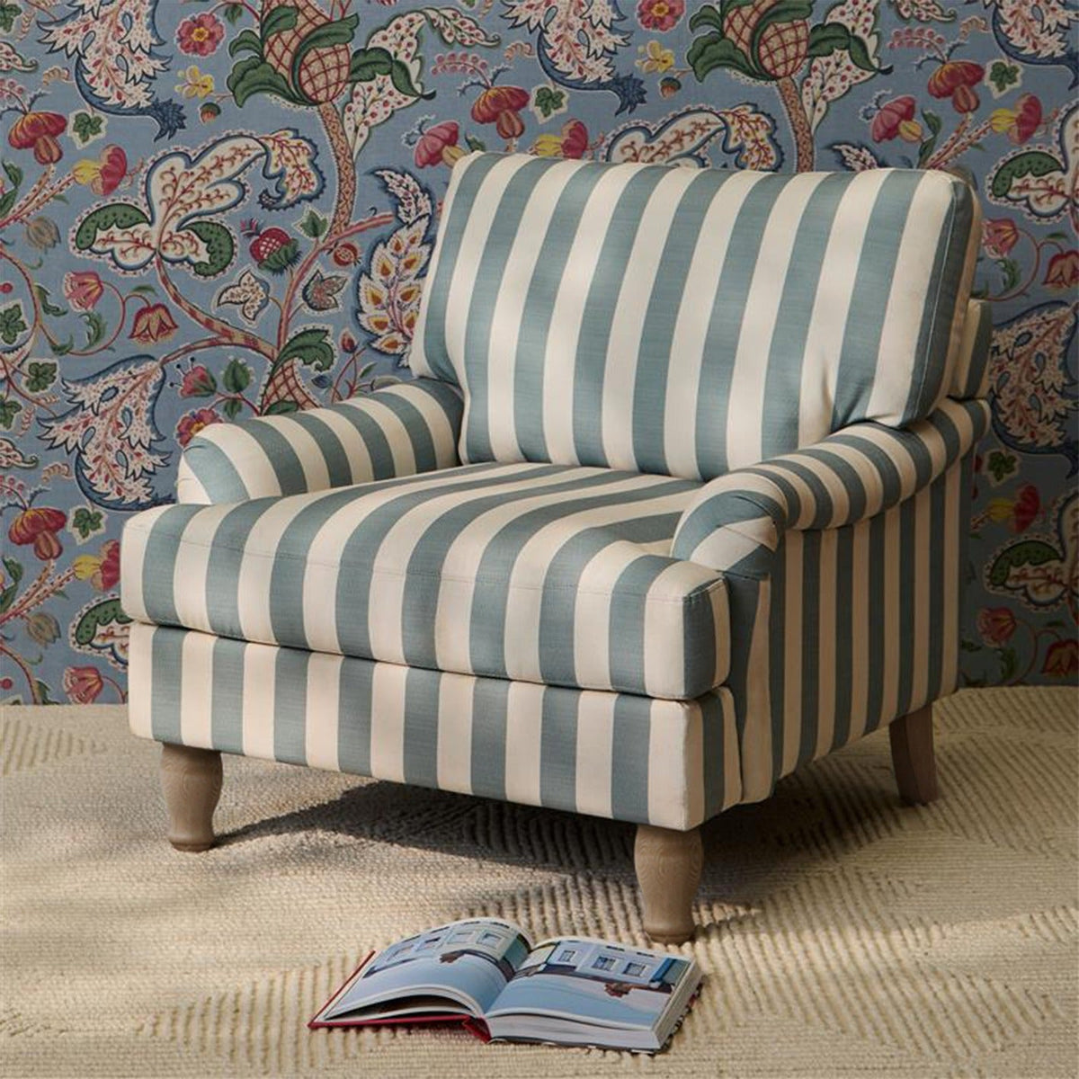 Brea Armchair -  Blue Stripe with Whitewash Legs - Laura James