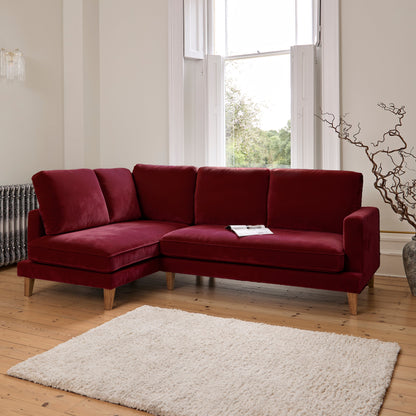 Gillian 3 Seater Large Corner Sofa - Burgundy Red Velvet with Dark Oak Legs - Laura James 