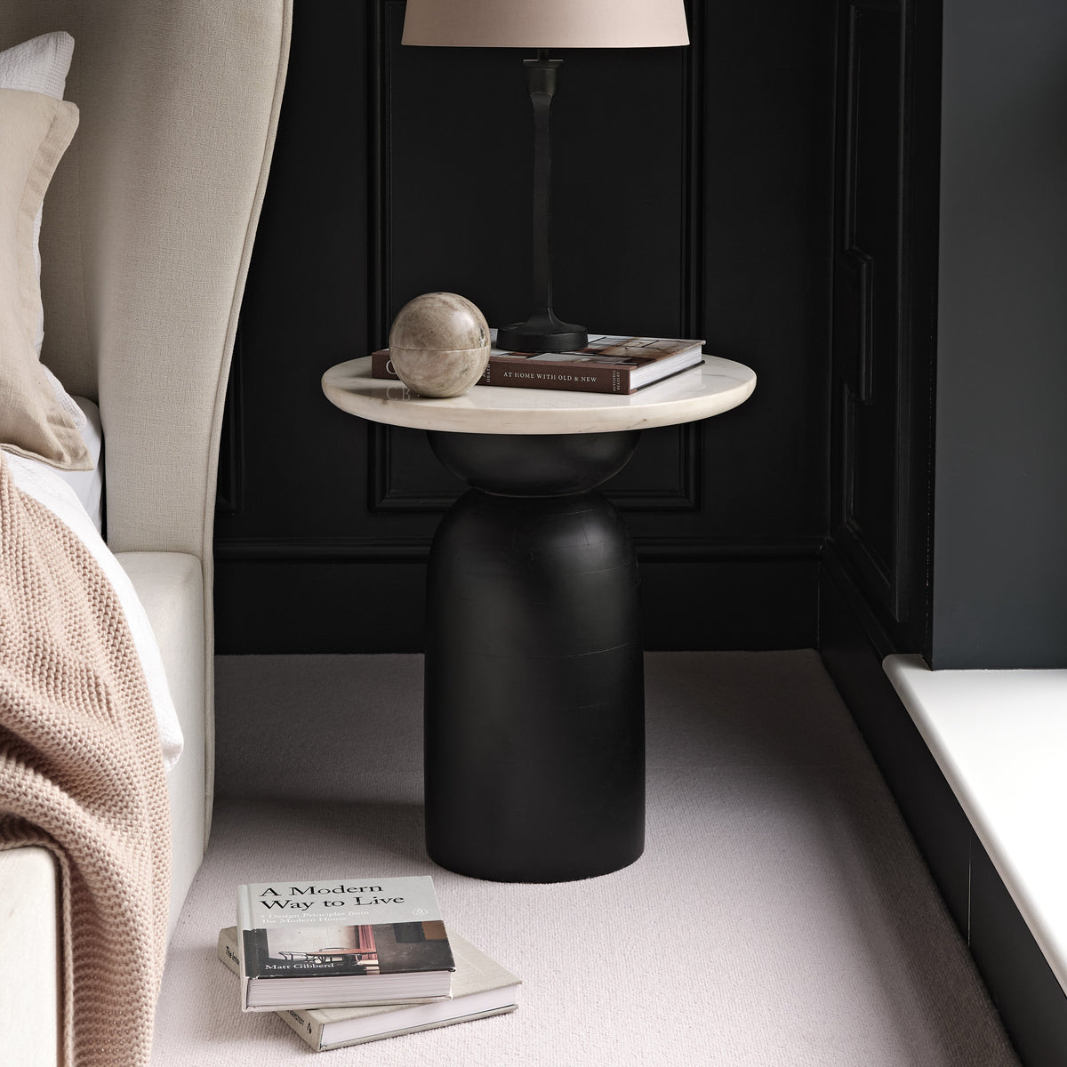 Sorrell Jet Black Mango Wood & White Marble Round Side Table - Laura James 