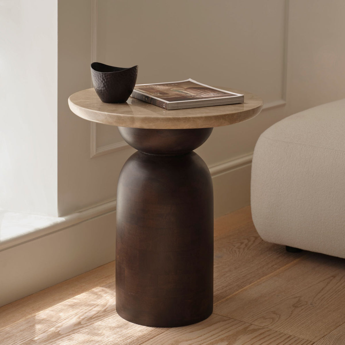 Sorrell Lady Grey Marble & Coffee Brown Mango Wood Round Side Table