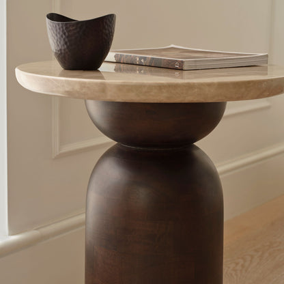 Sorrell Lady Grey Marble & Coffee Brown Mango Wood Round Side Table