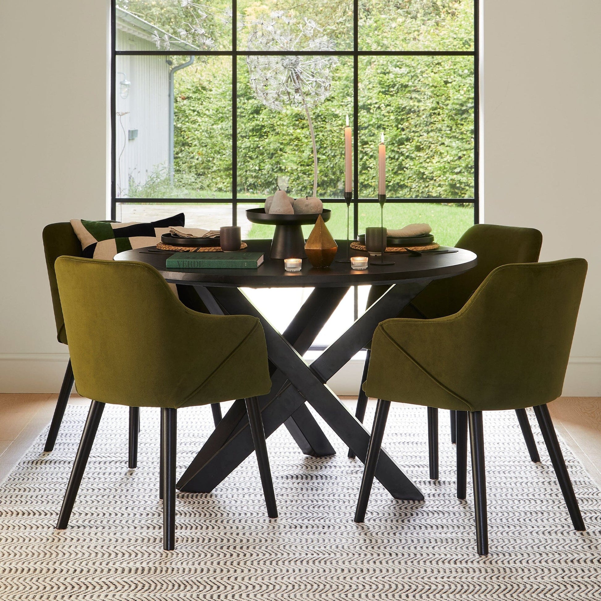 Levi Black Round Dining Table Set - 4 Seater - Freya Green Armchairs with Black Legs - Laura James 