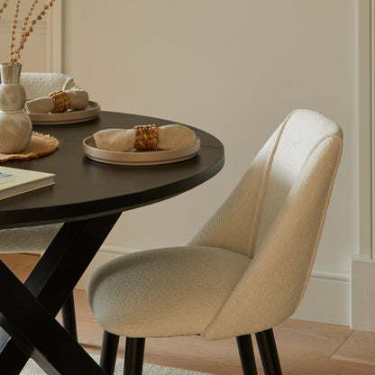 Levi Black Round Dining Table Set - 4 Seater - Freya Boucle Dining Chairs with Black Legs - Laura James 