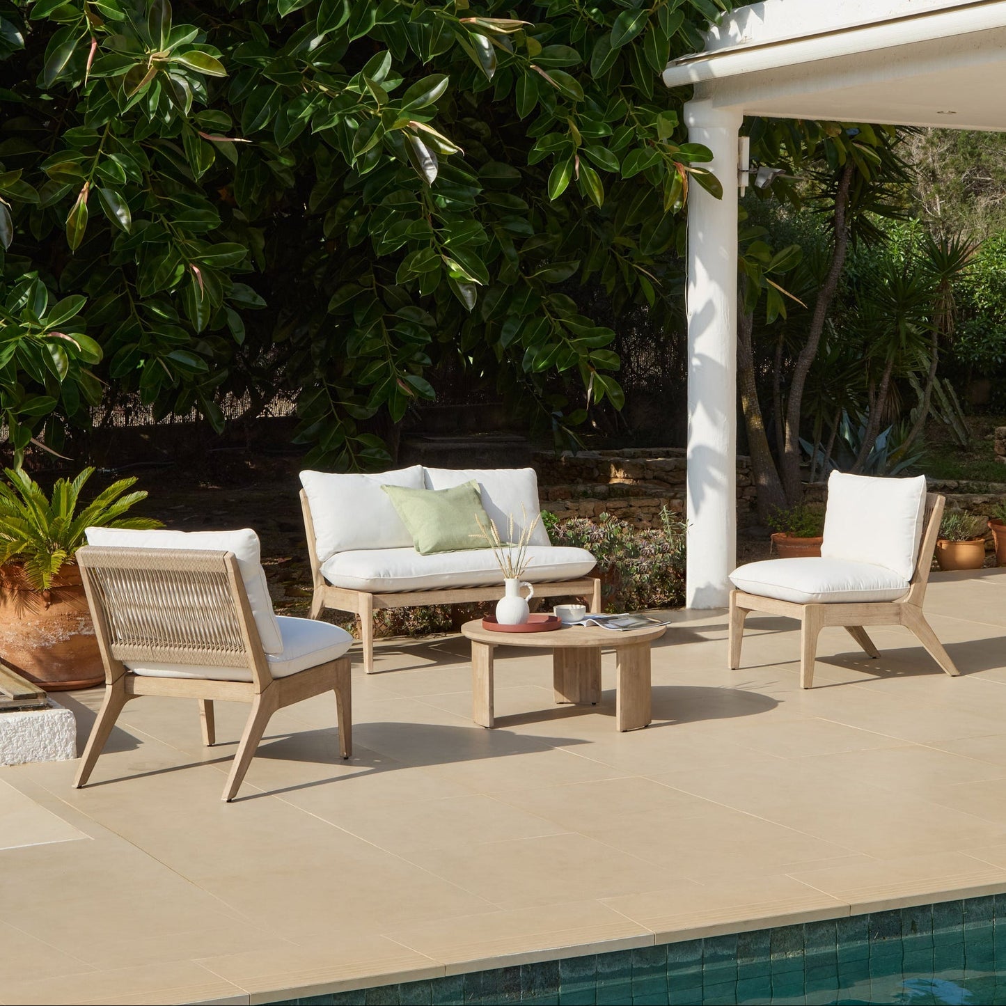 Mali Wooden Garden Sofa Set with Coffee Table & 2 Mali Chairs - Laura James