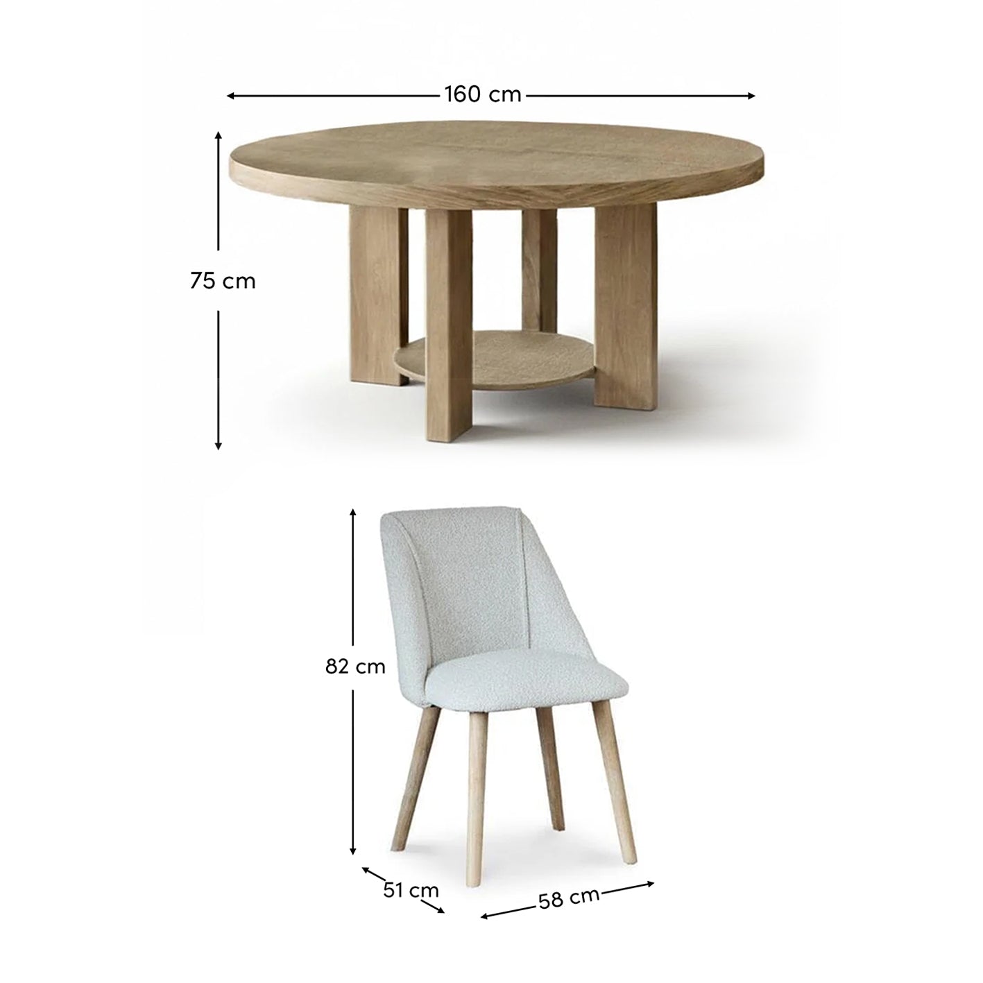 Marlon Whitewash Oak with Black Insert Round Dining Table Set - 6 Seater - Freya Oat Boucle Dining Chairs - Laura James 